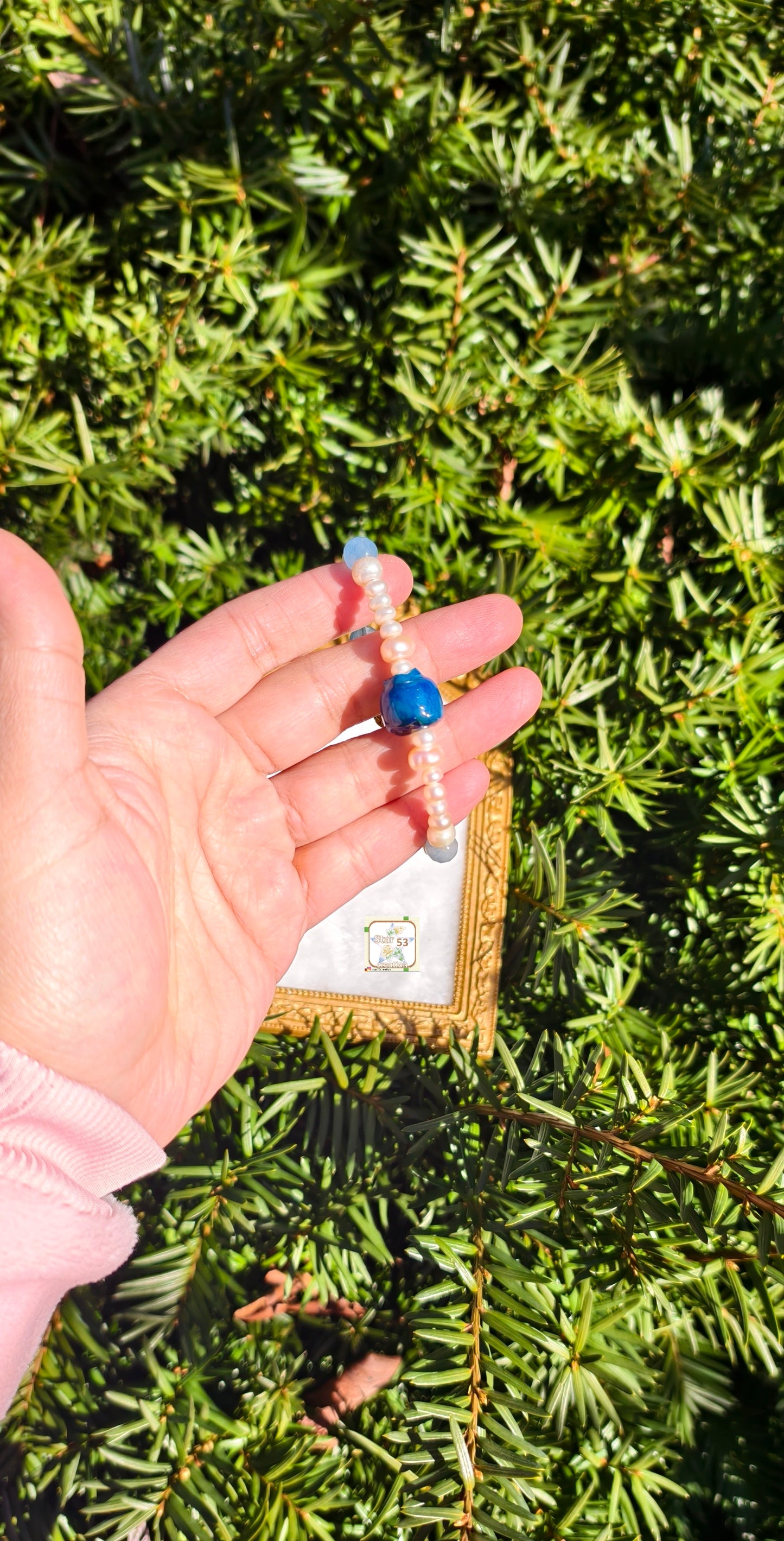 Berry-blue bracelet, freshwater pearls, jades, adjustable