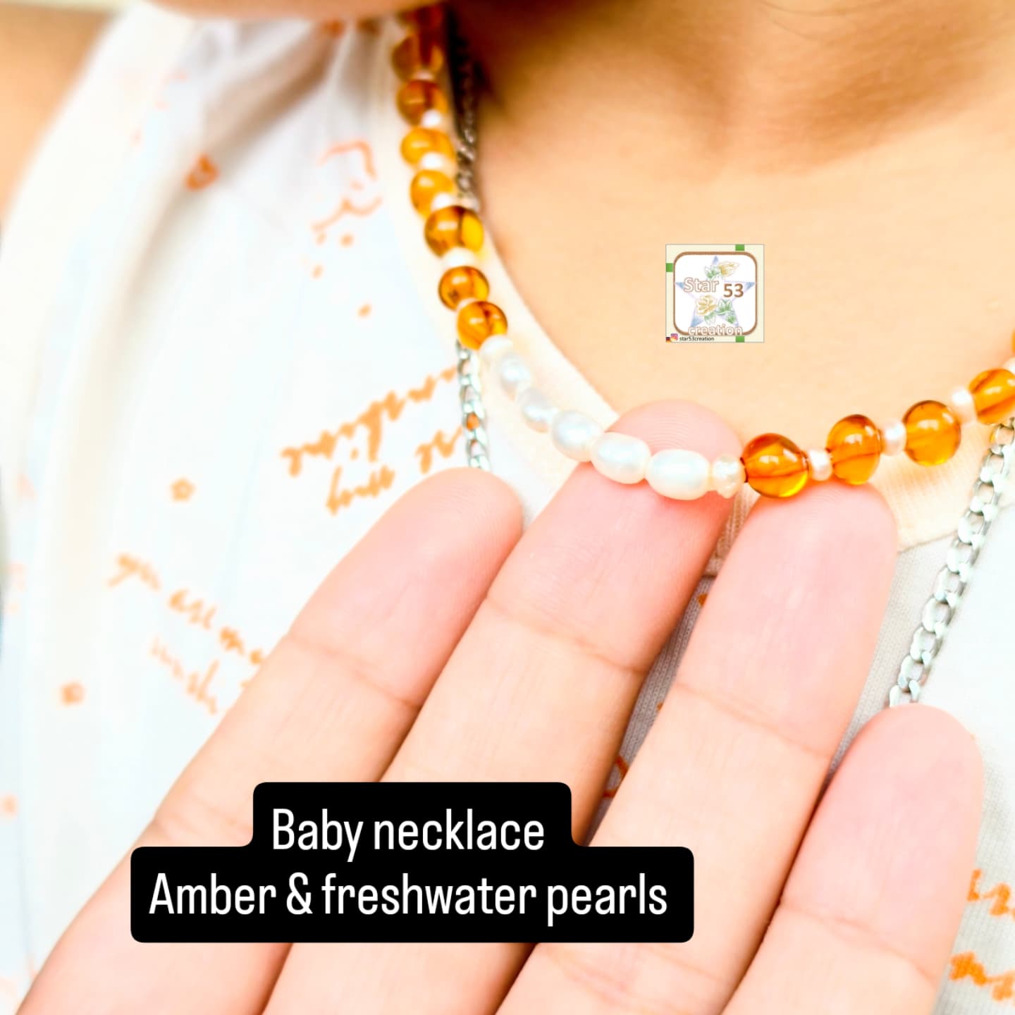 Amber & pearl baby necklace, adjustable, age 0-10