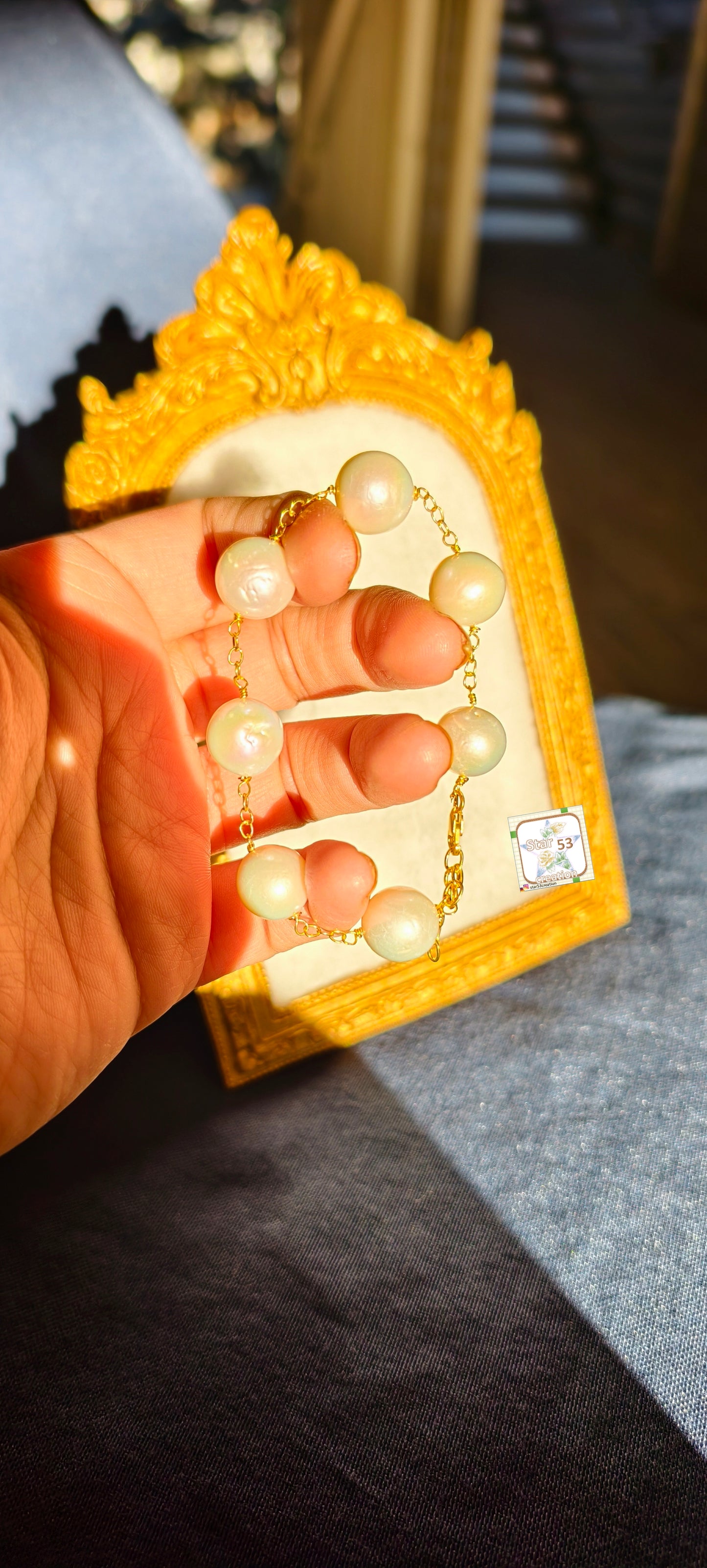 925 silver Valiant freshwater pearls bracelet, 12 mm, adjustable, gold polished