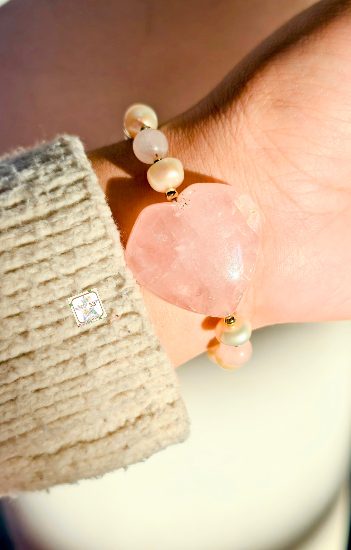 Rosette bracelet, freshwater pearls, rose quartz, adjustable