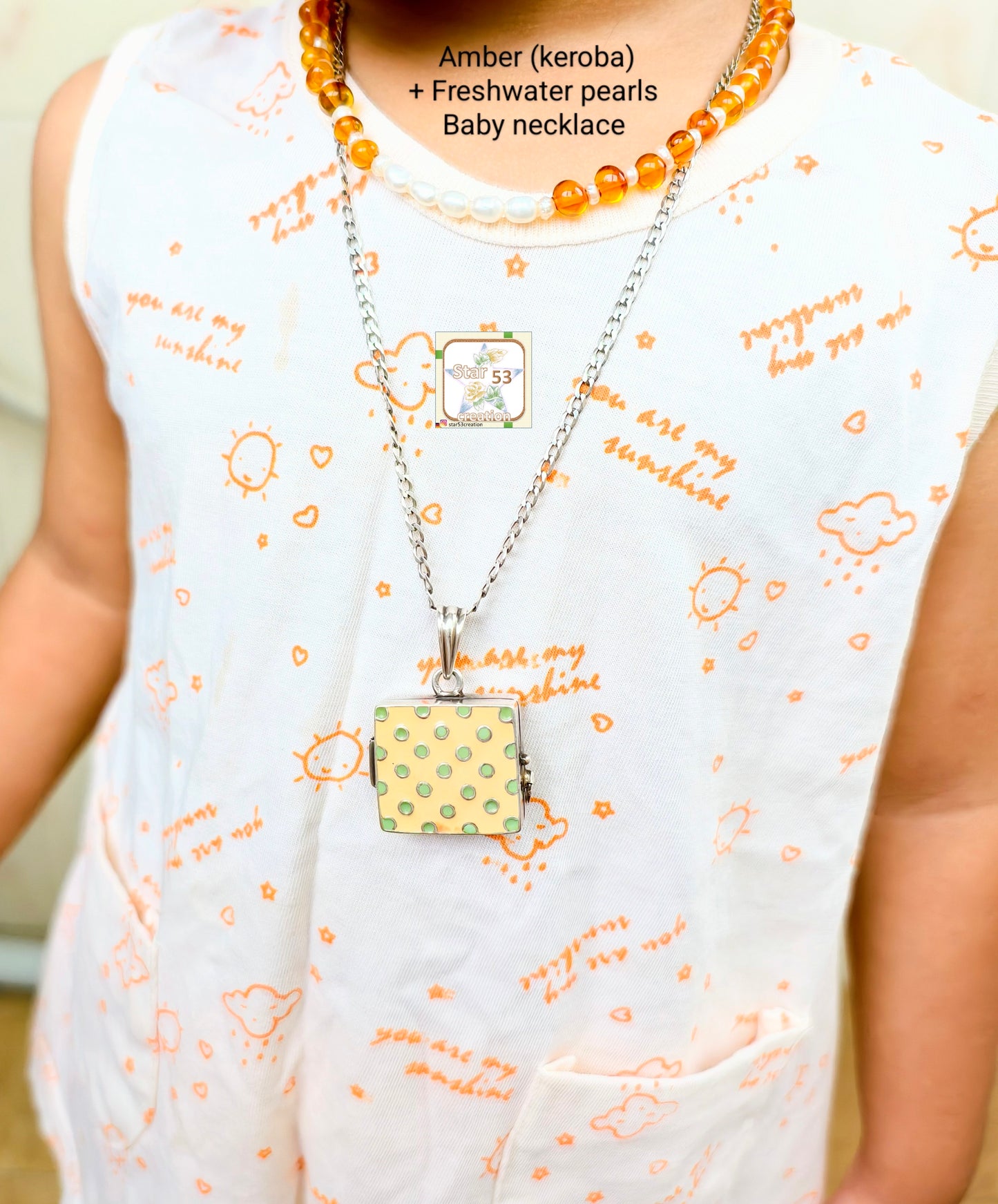 Amber & pearl baby necklace, adjustable, age 0-10