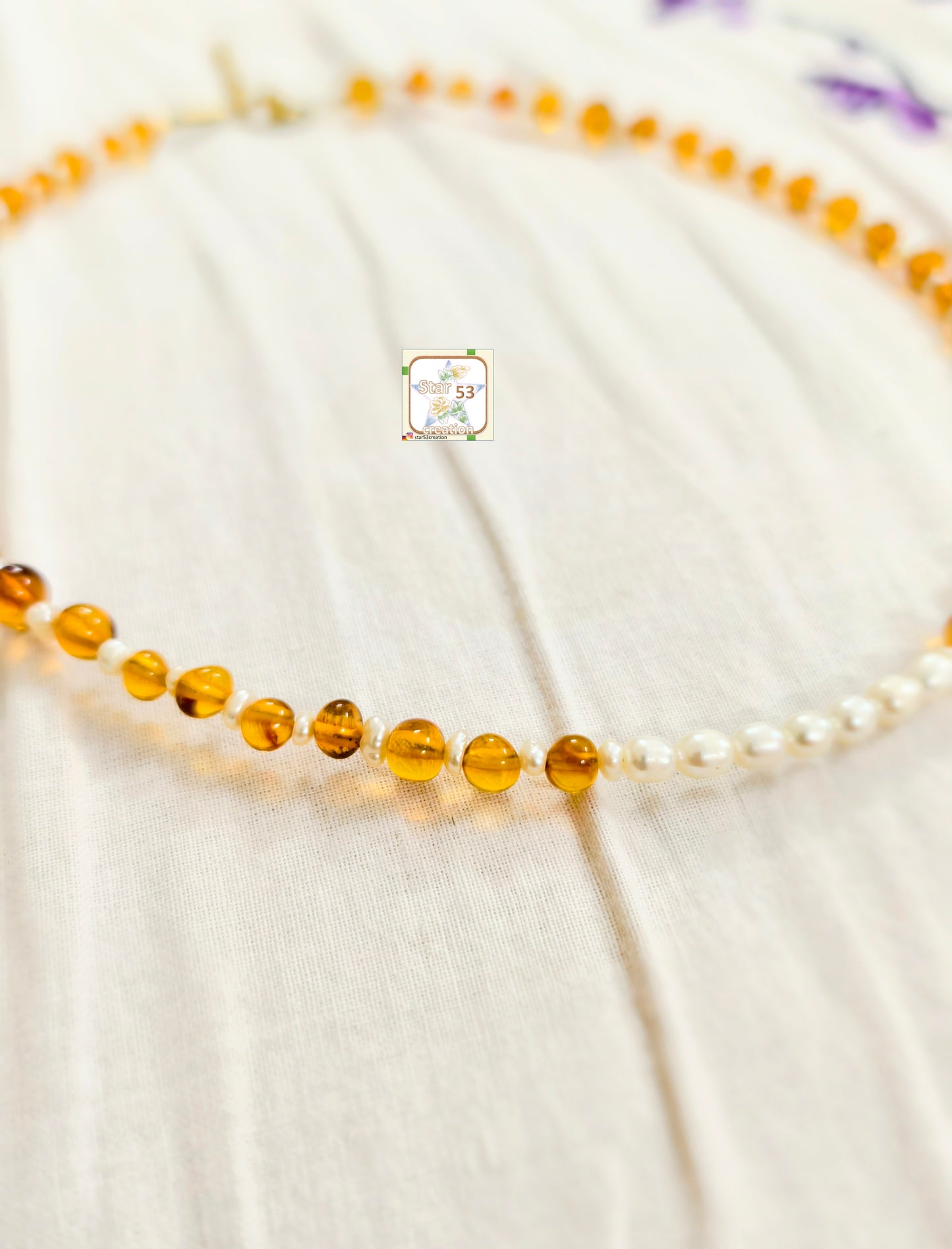 Amber & pearl baby necklace, adjustable, age 0-10