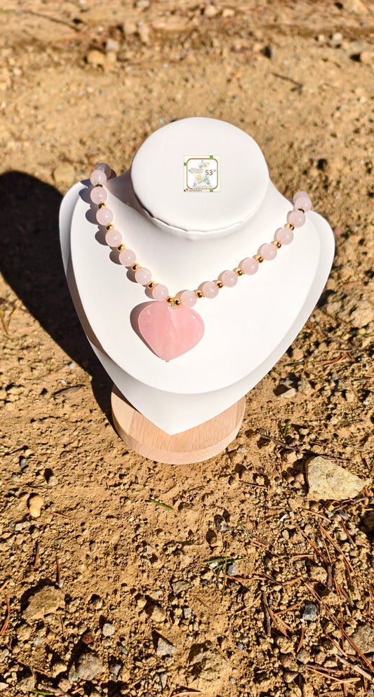 Blush love necklace, rose quartz, stainless steel, gold plated, 16-18 inches