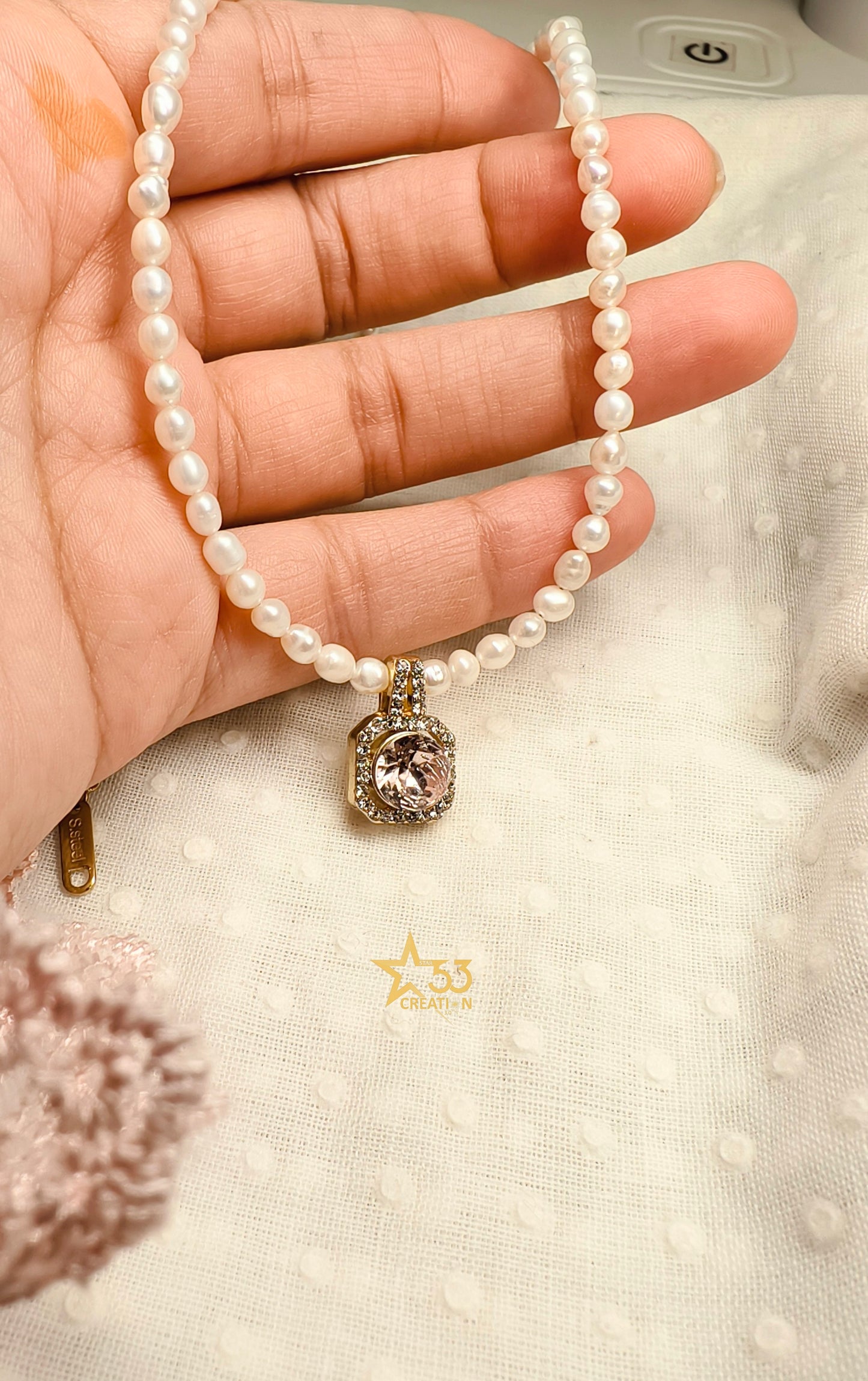 Sugar crystal, pink pop, freshwater pearl necklace, stainless steel, gold plated, waterproof