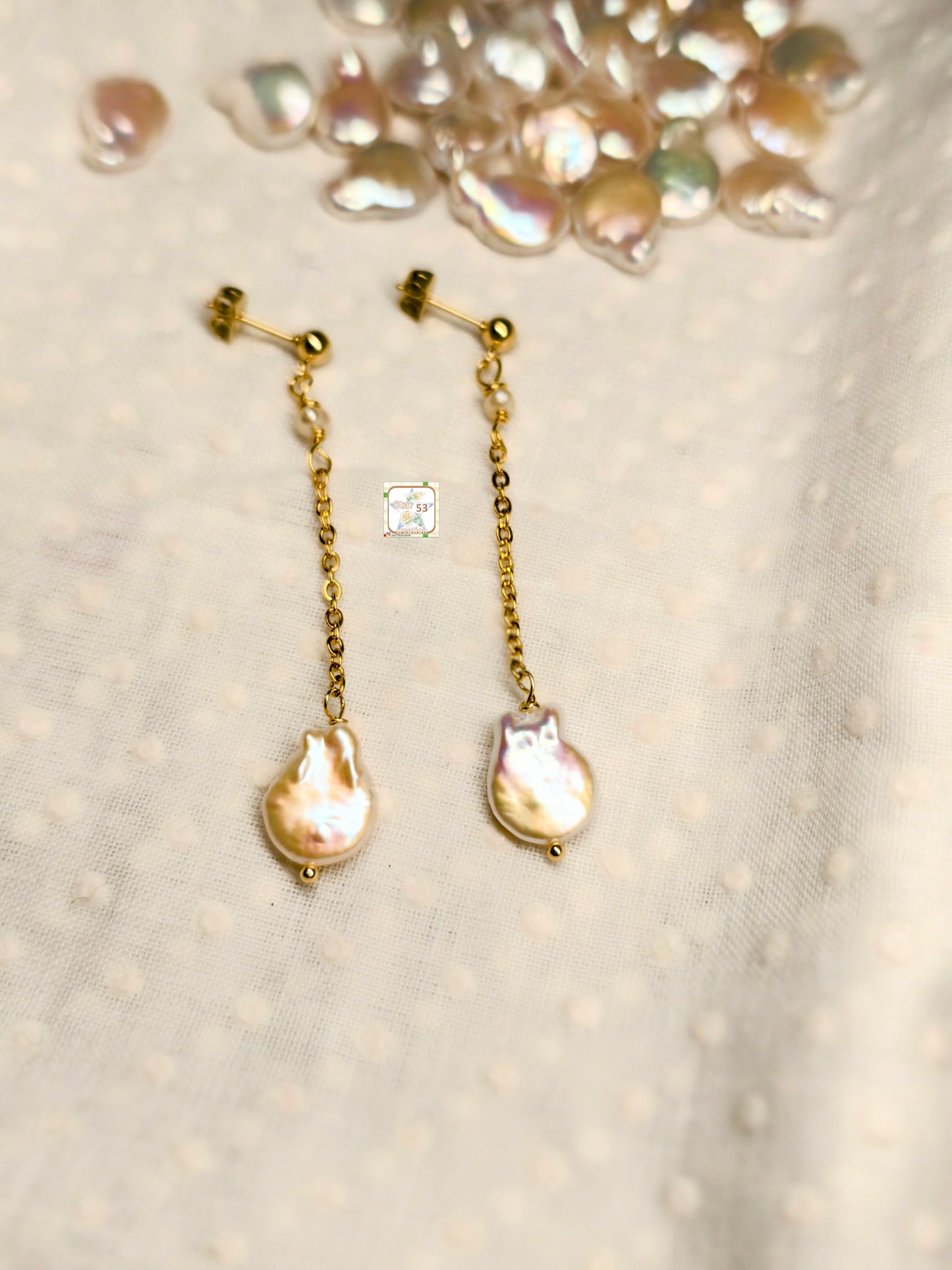 Fish freshwater pearl earrings, stainless steel, gold plated