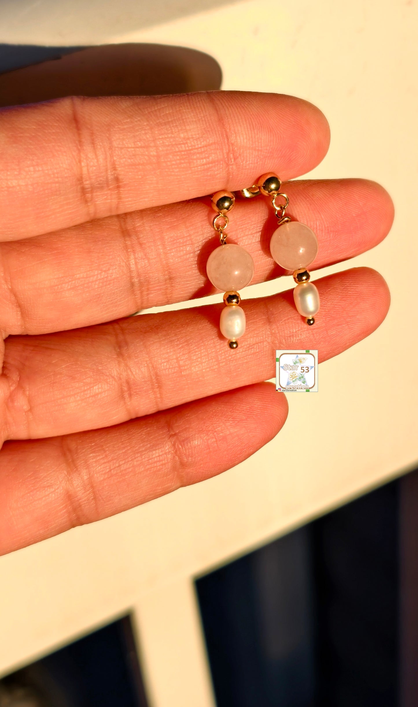 Posy earrings, rose quartz & freshwater pearls