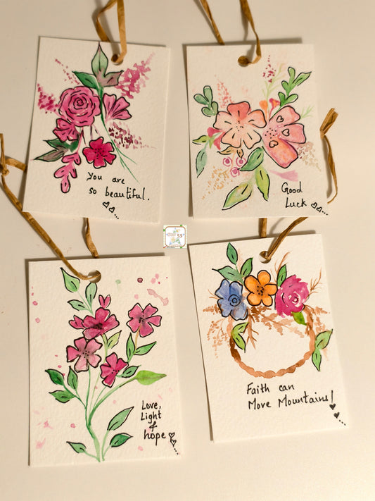 Flower, watercolor, hand painted, gift tags, set of 4, 4.1" by 3"