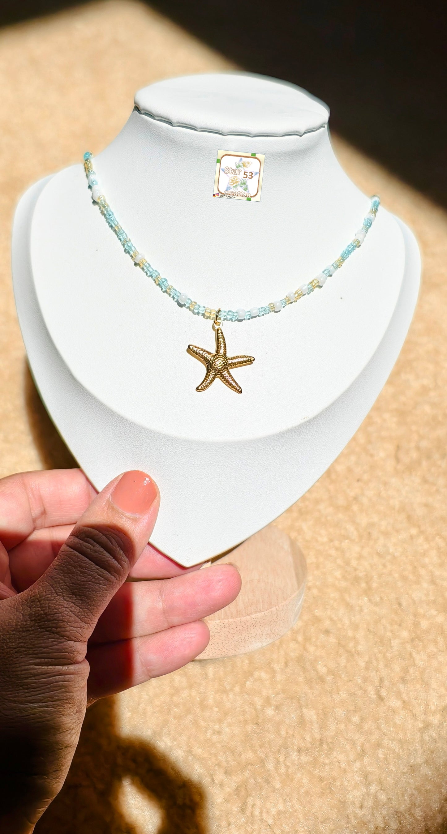 Starfish beaded necklace, waterproof, 16-18 inches