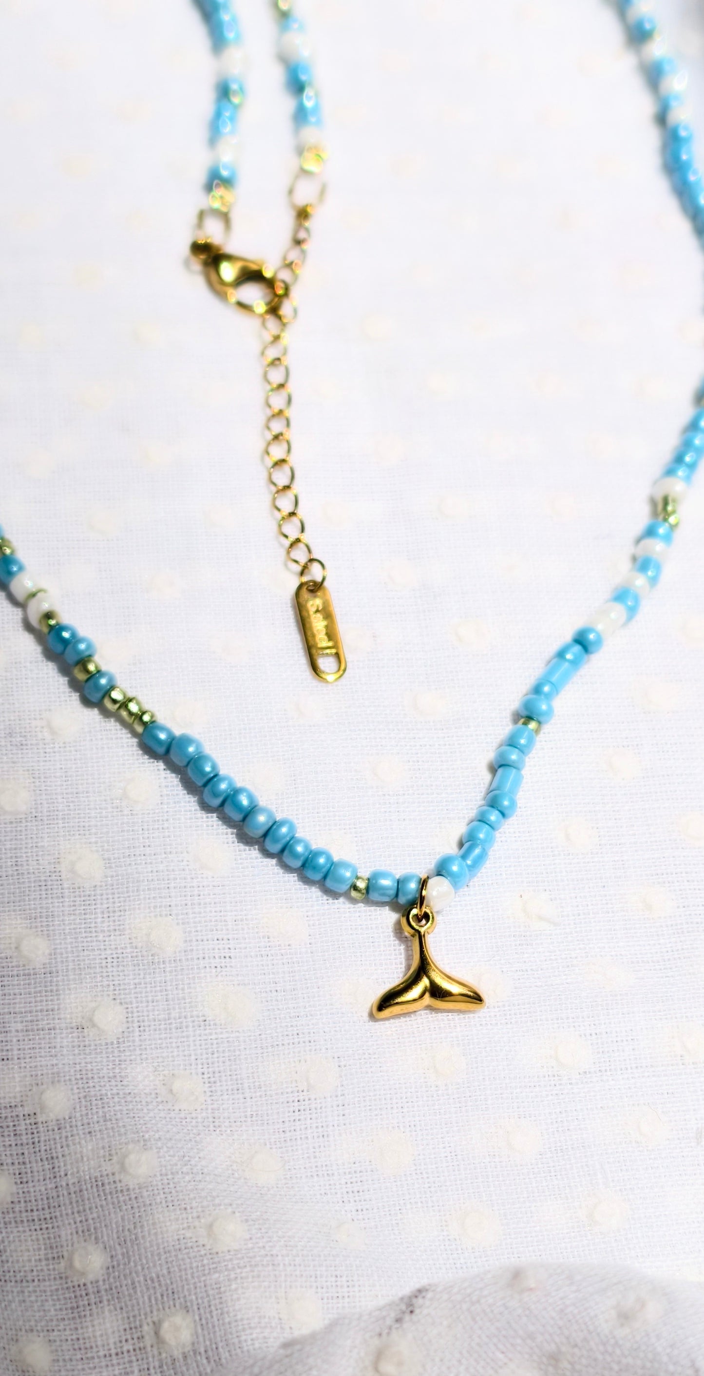 Fish tail seed bead necklace, waterproof, 16-18 inches