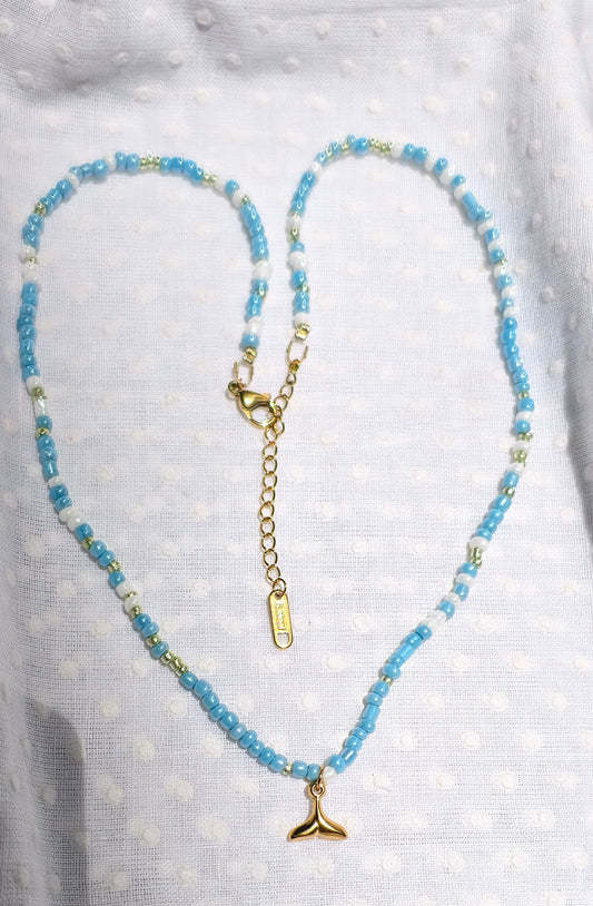 Fish tail seed bead necklace, waterproof, 16-18 inches