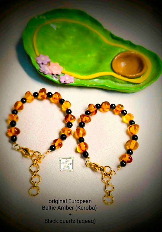 Sweetie bracelets, set of 2, Amber & Black quartz, age 0-4