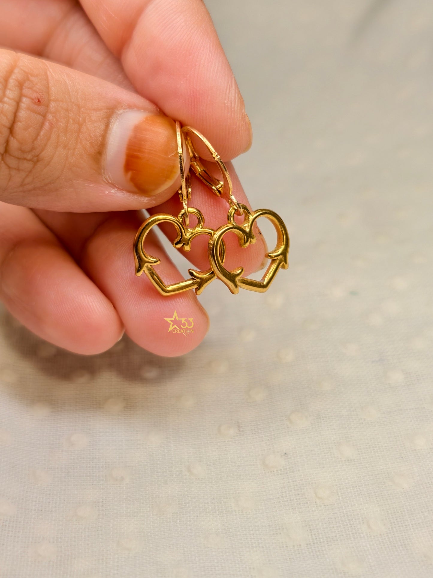 Heart earrings, stainless steel, gold plated, waterproof