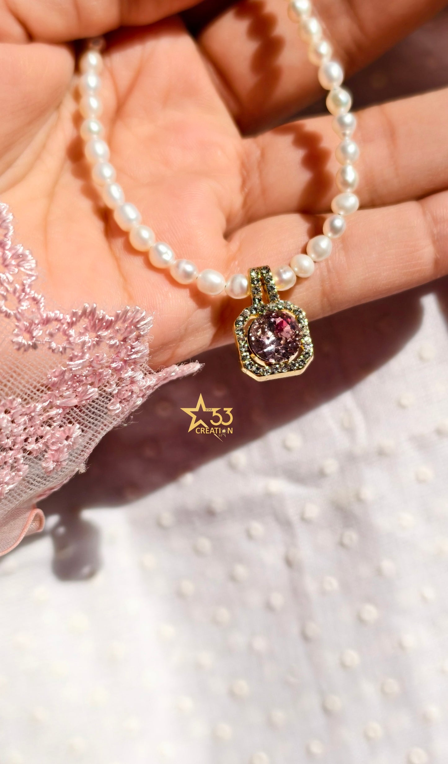 Sugar crystal, pink pop, freshwater pearl necklace, stainless steel, gold plated, waterproof
