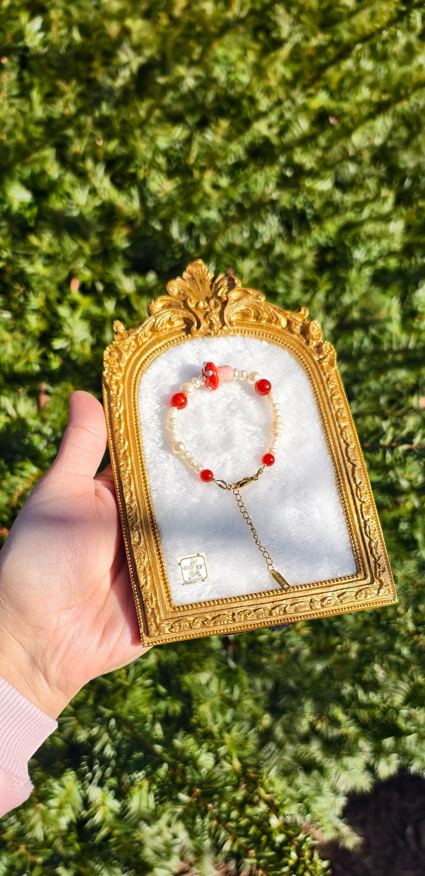 Mushroom freshwater pearls & carnelian bracelet, adjustable