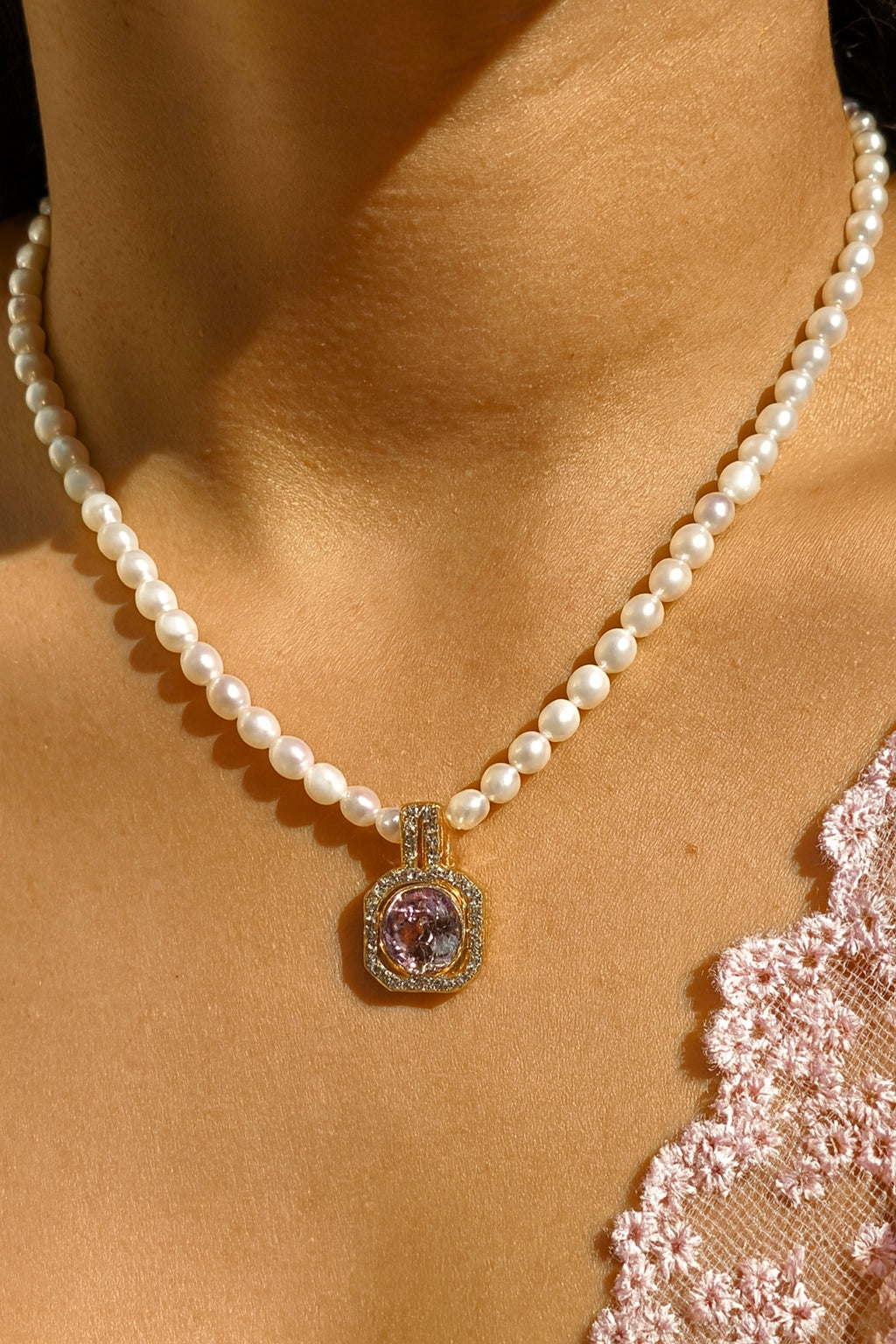 Sugar crystal, pink pop, freshwater pearl necklace, stainless steel, gold plated, waterproof
