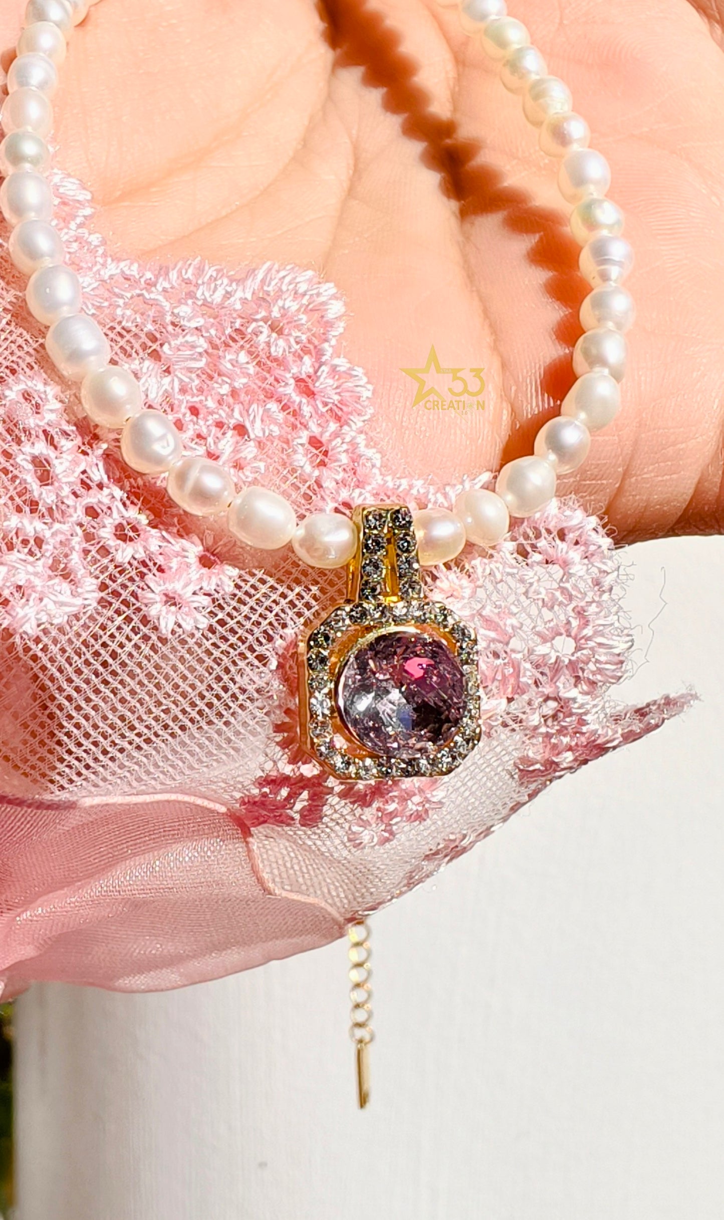 Sugar crystal, pink pop, freshwater pearl necklace, stainless steel, gold plated, waterproof