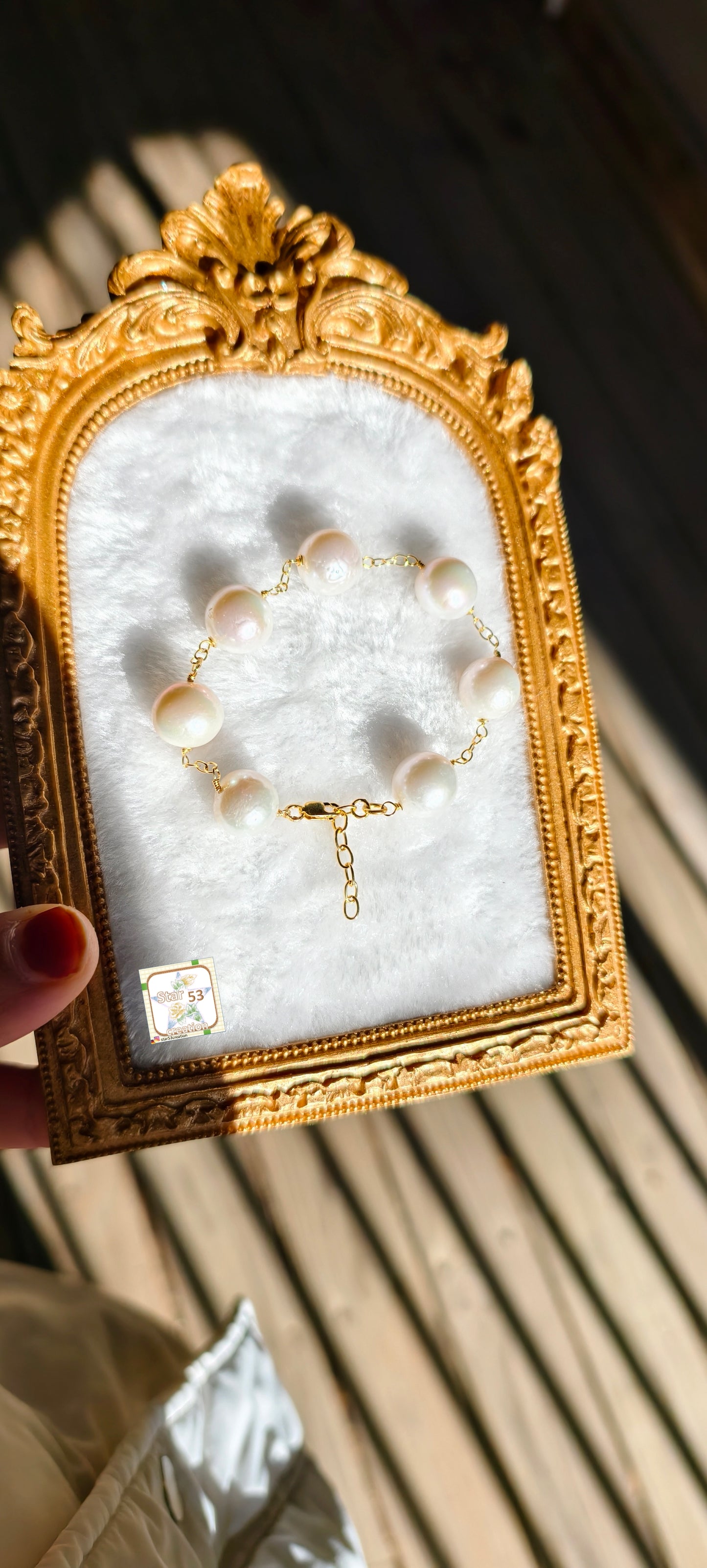 925 silver Valiant freshwater pearls bracelet, 12 mm, adjustable, gold polished