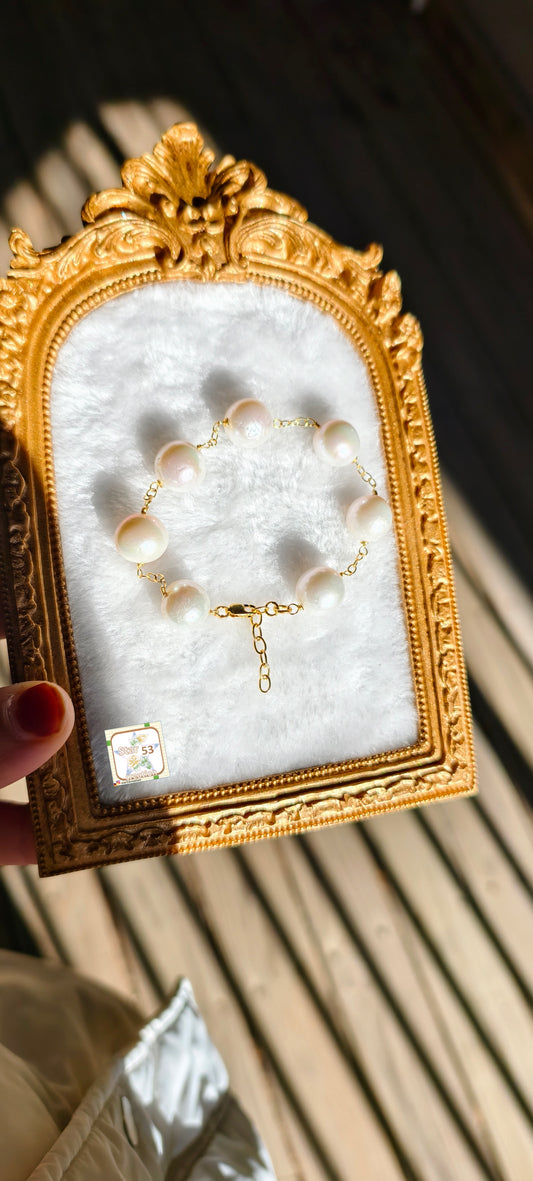 925 silver Valiant freshwater pearls bracelet, 12 mm, adjustable, gold polished
