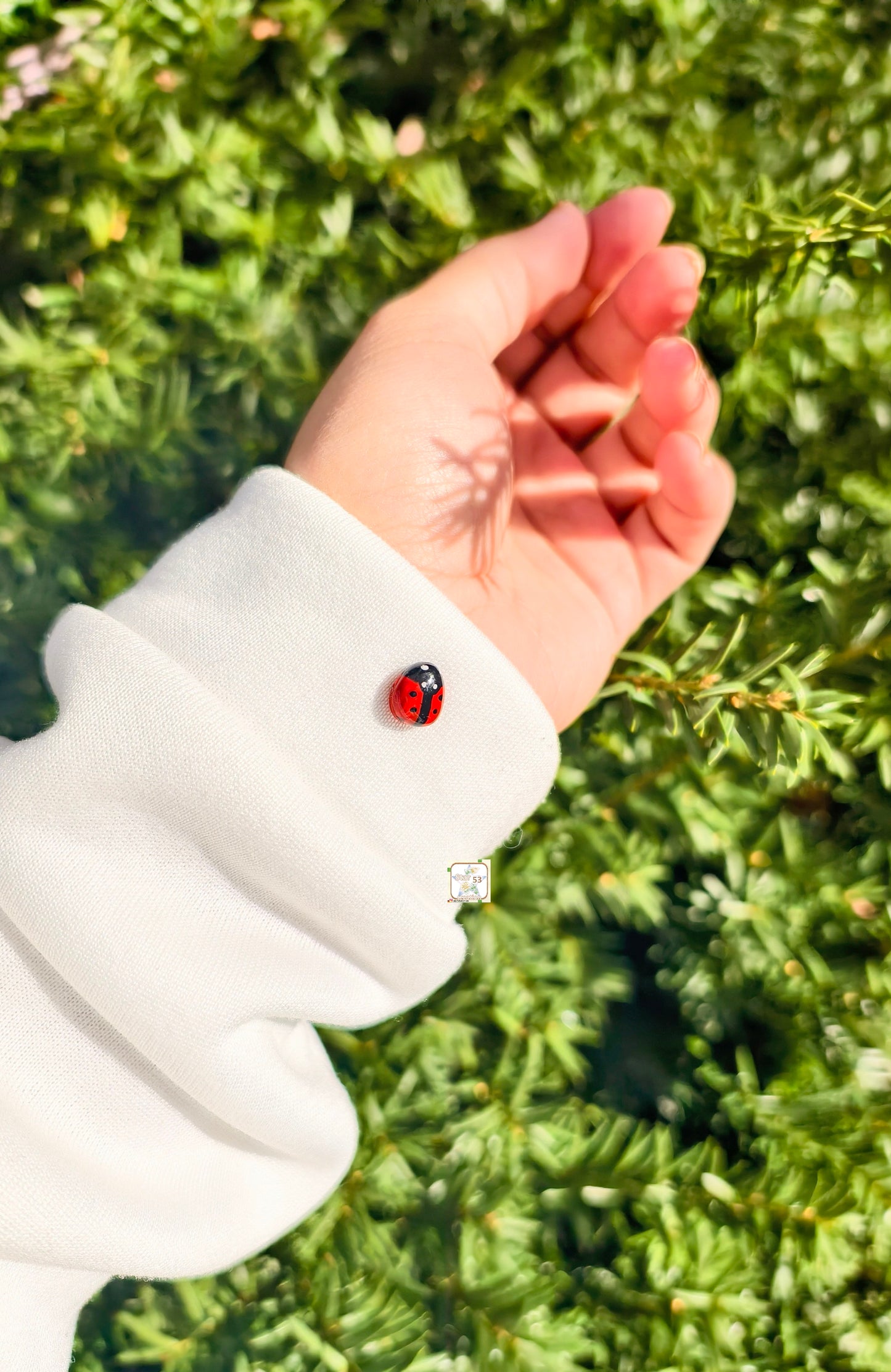 Lady bug pin, air dry clay, resin coated, durable.