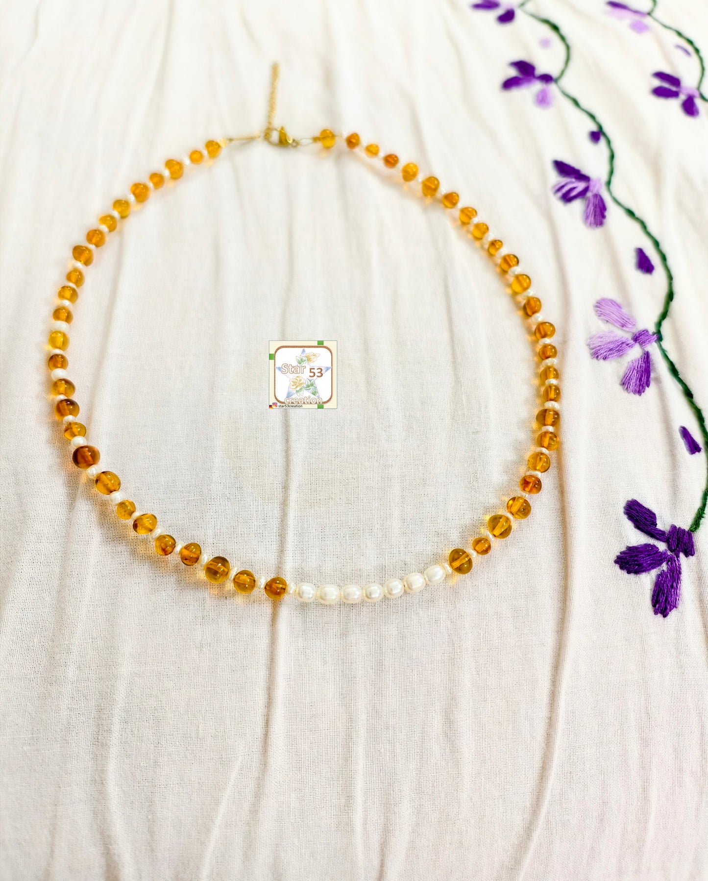 Amber & pearl baby necklace, adjustable, age 0-10
