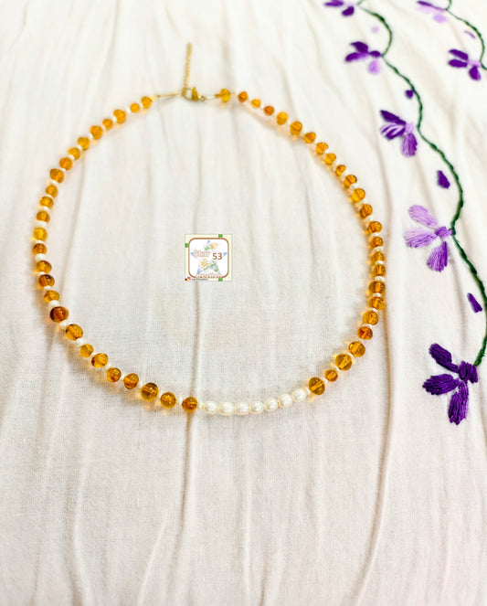 Amber & pearl baby necklace, adjustable, age 0-10