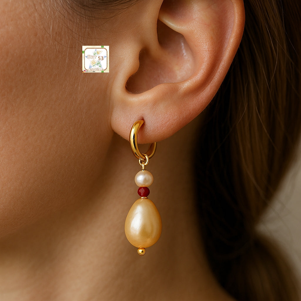 Pearl drop gf ruby earrings, gold plated