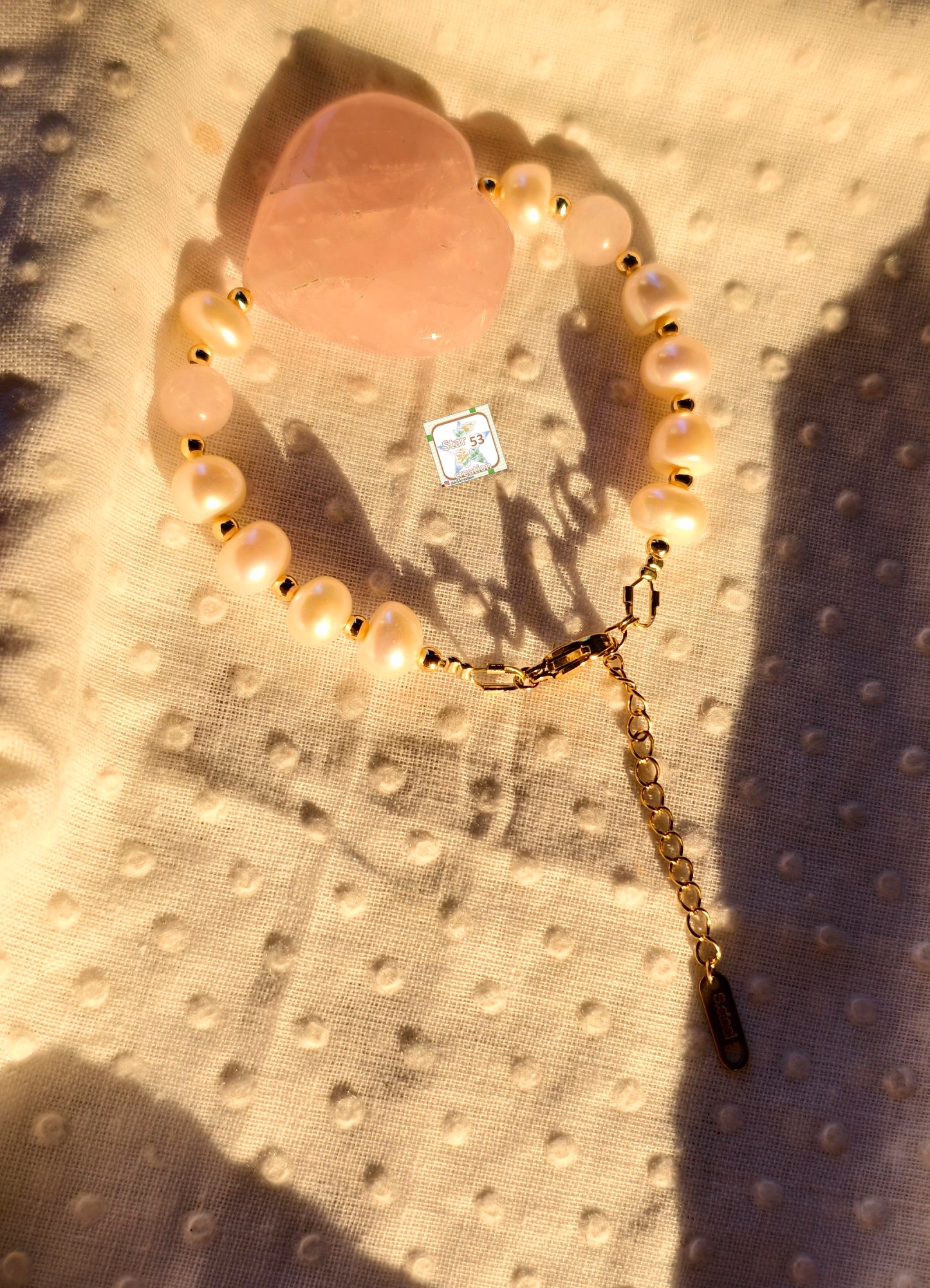 Rosette bracelet, freshwater pearls, rose quartz, adjustable