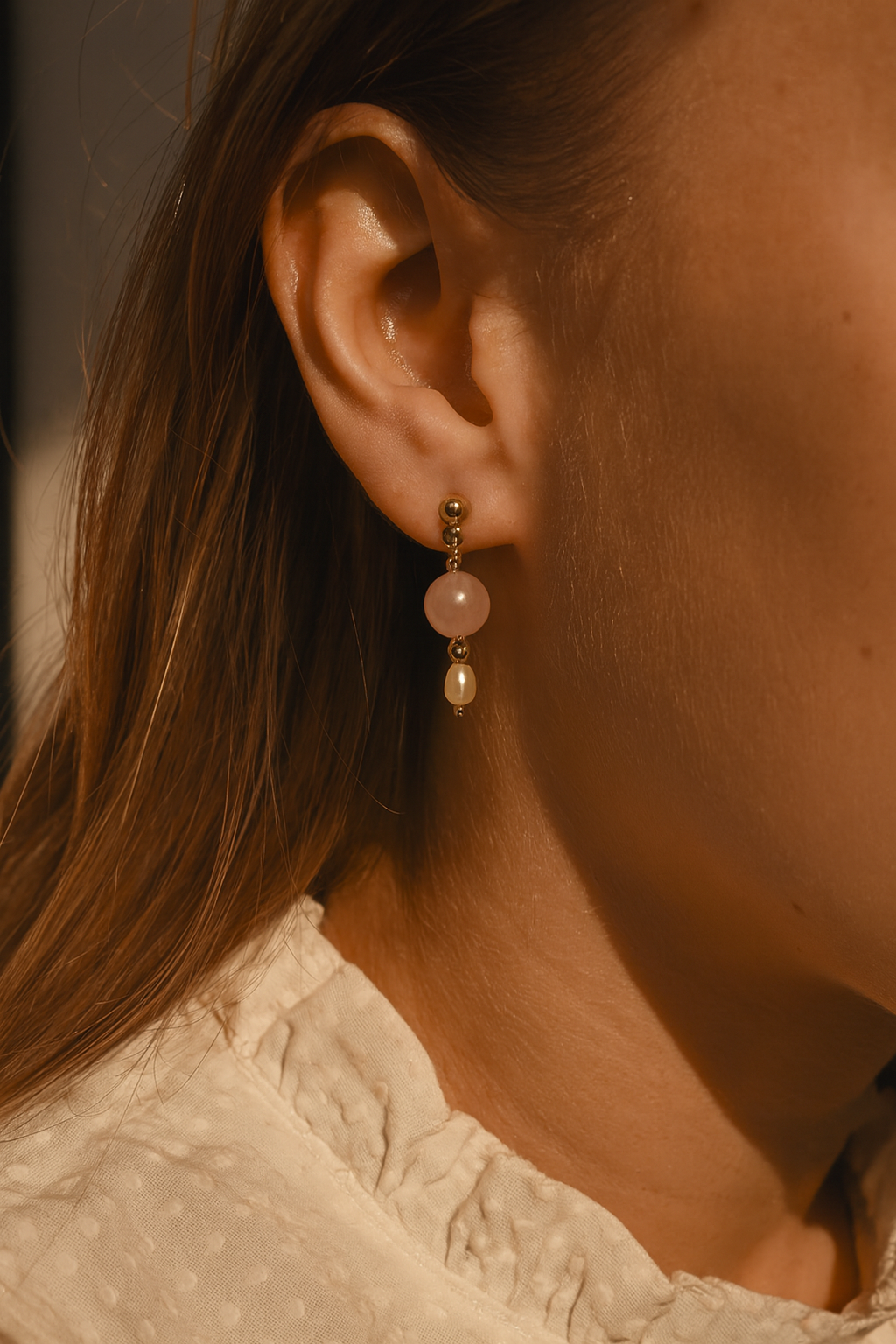Posy earrings, rose quartz & freshwater pearls