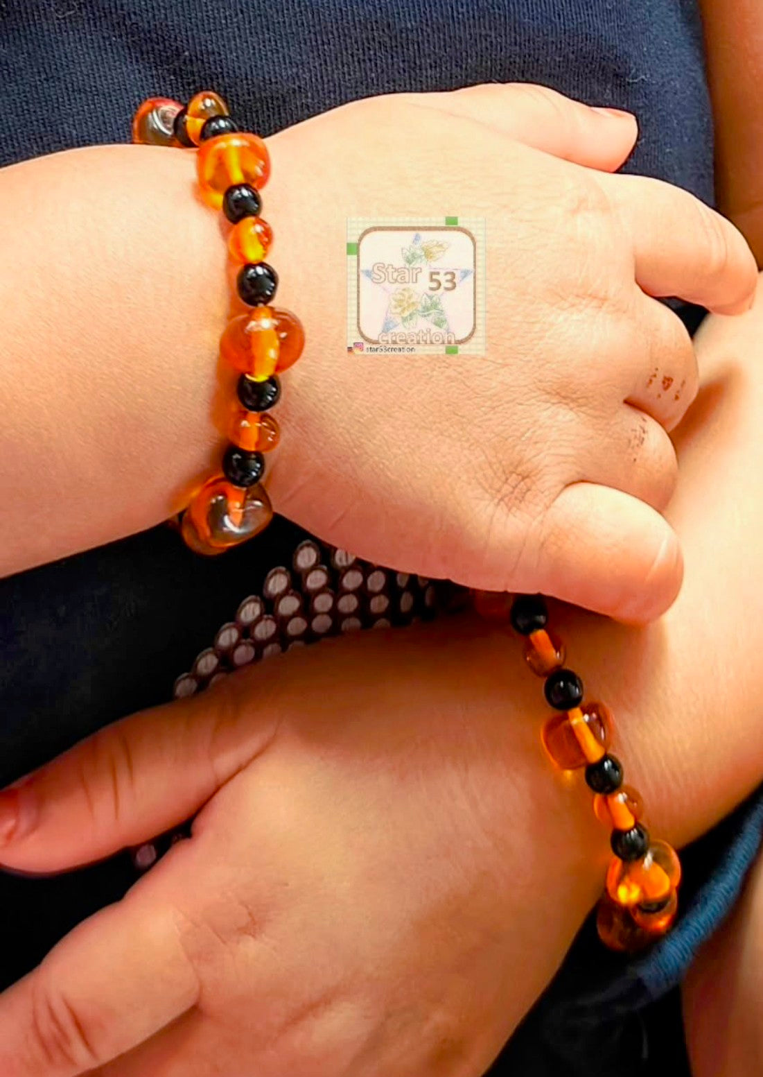 Sweetie bracelets, set of 2, Amber & Black quartz, age 0-4