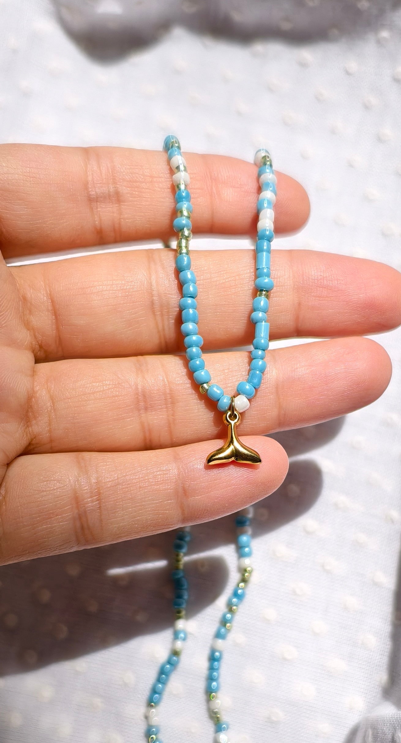 Fish tail seed bead necklace, waterproof, 16-18 inches
