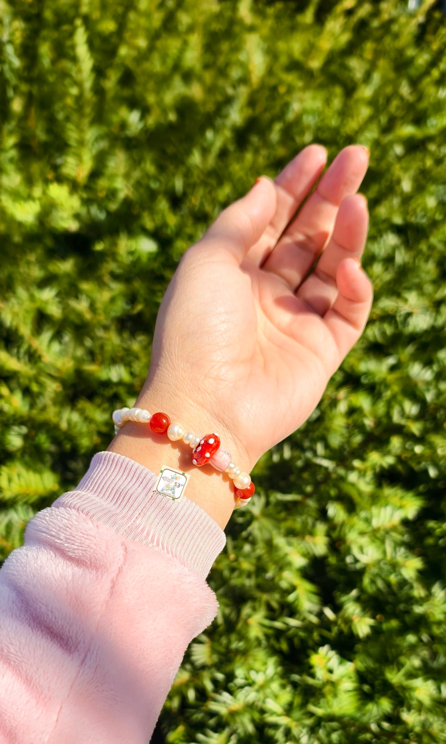 Mushroom freshwater pearls & carnelian bracelet, adjustable