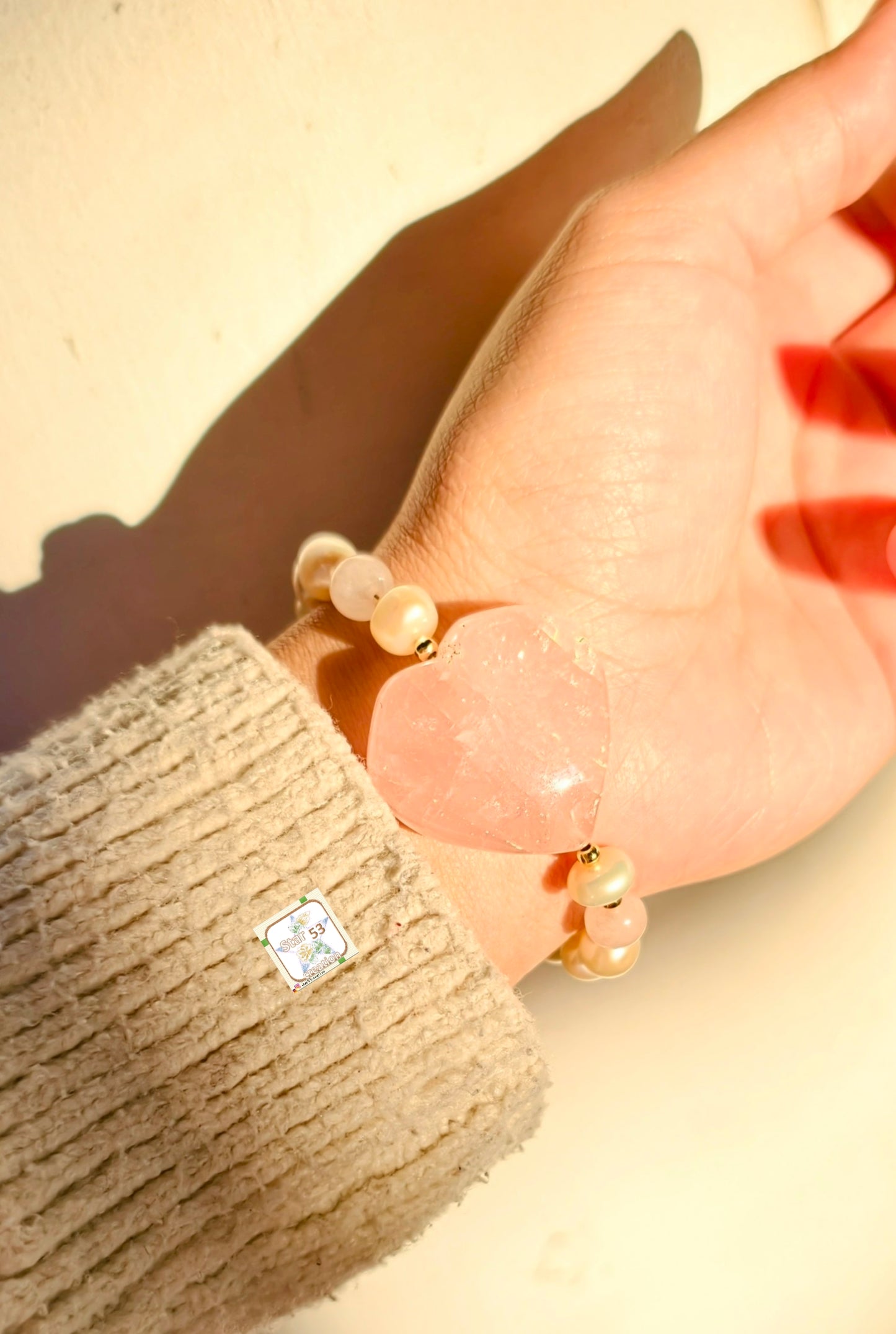 Rosette bracelet, freshwater pearls, rose quartz, adjustable