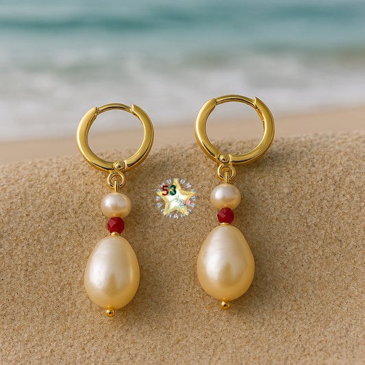 Pearl drop gf ruby earrings, gold plated