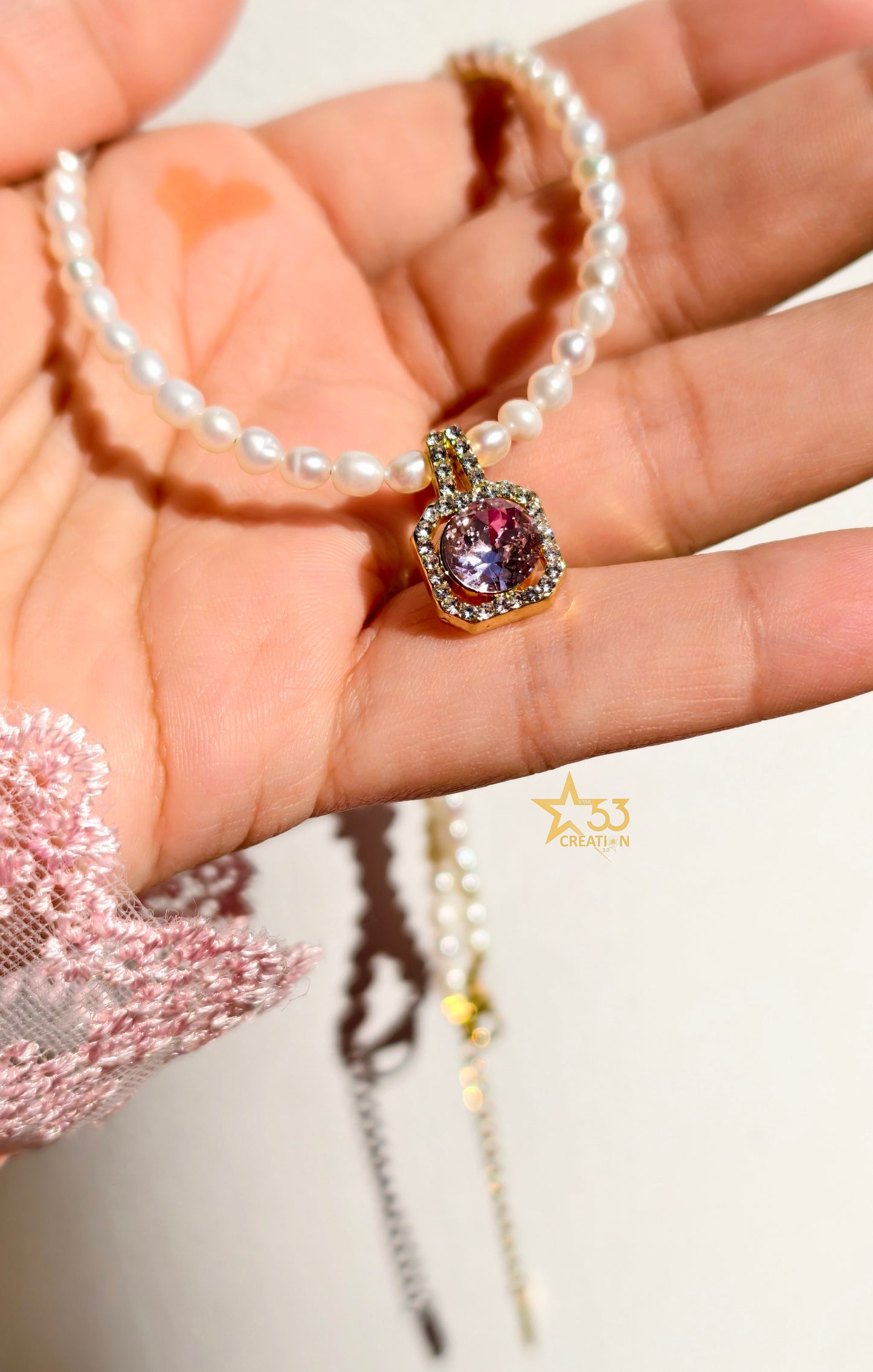 Sugar crystal, pink pop, freshwater pearl necklace, stainless steel, gold plated, waterproof