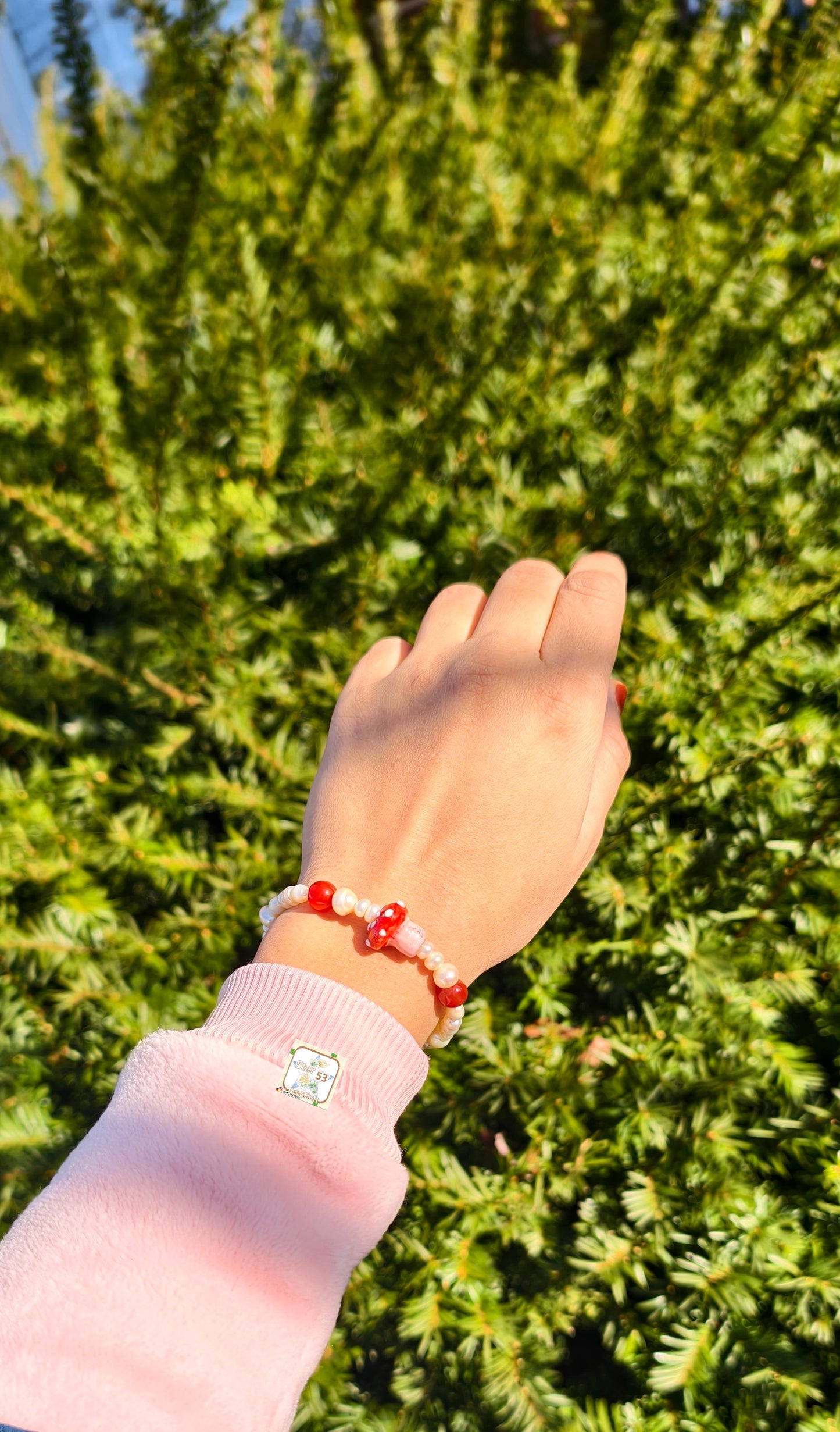 Mushroom freshwater pearls & carnelian bracelet, adjustable