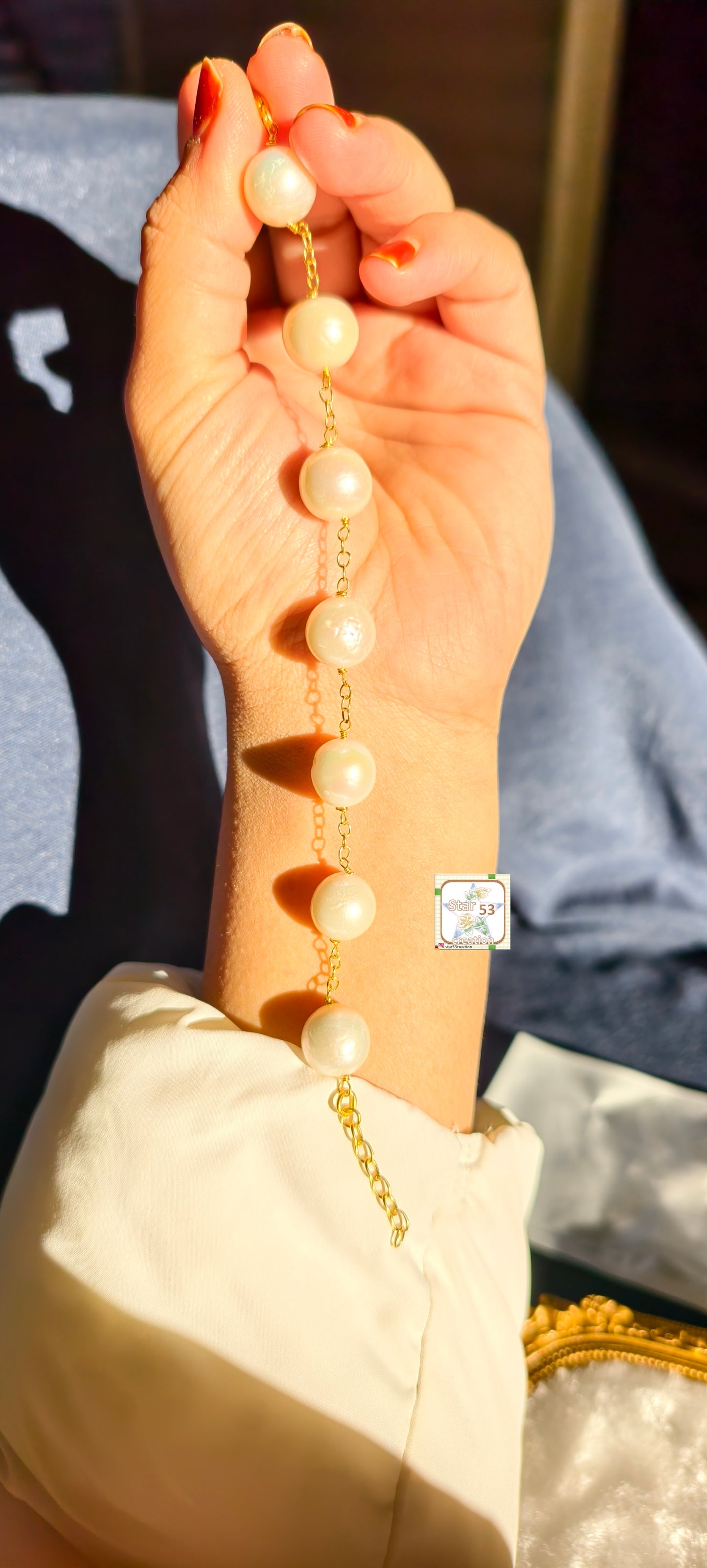 925 silver Valiant freshwater pearls bracelet, 12 mm, adjustable, gold polished
