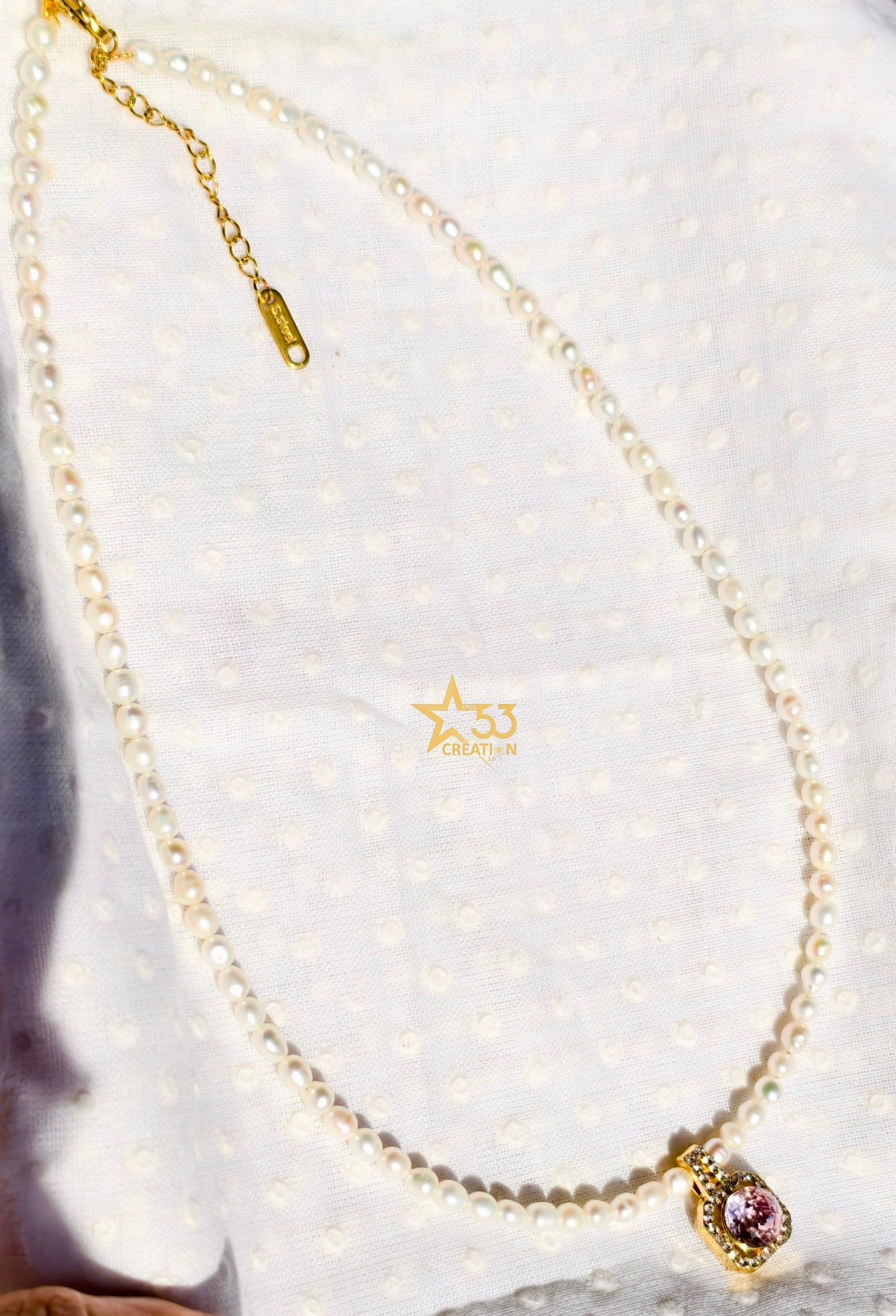 Sugar crystal, pink pop, freshwater pearl necklace, stainless steel, gold plated, waterproof